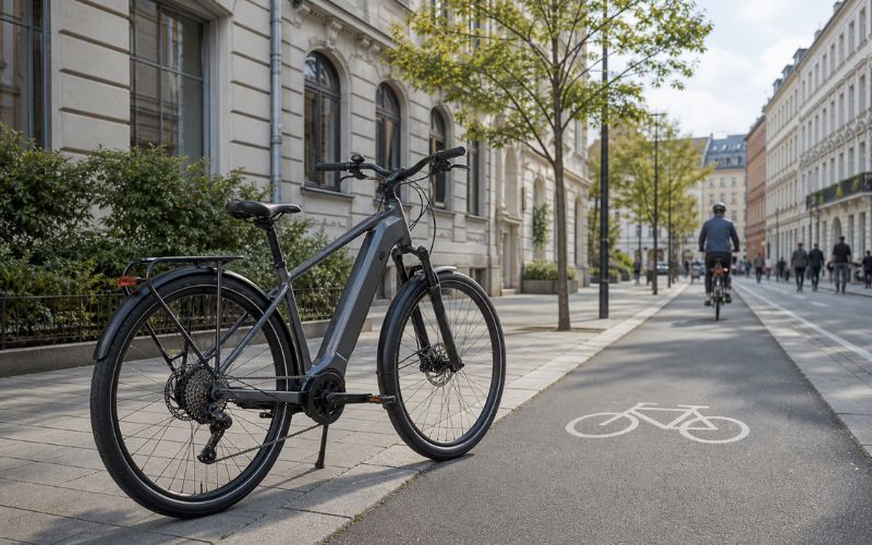 City-E-Bike auf einem Radweg in Deutschland als Beispiel für 40 bis 50 Nm Drehmoment