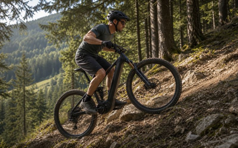 E-MTB auf steilem Waldweg in Deutschland als Beispiel für hohes Drehmoment beim Bergauffahren