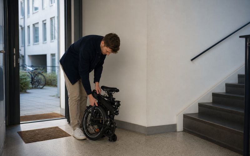 E-Klapprad beim Zusammenfalten vor einer Wohnung oder einem Büro